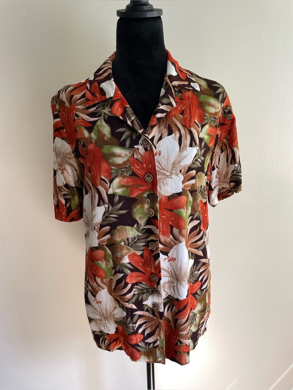 Vintage Maren Tropical Floral Rayon Blouse Medium Made in USA